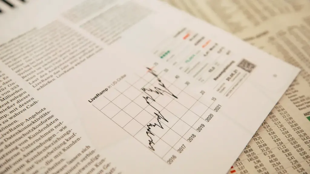 Nahaufnahme einer Finanzzeitung mit einem Börsenchart über die Zinsentwicklung und Aktienkurse.
