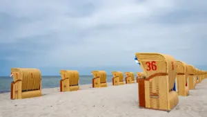 Klassische Strandkörbe an einem deutschen Ostseestrand bei sommerlichem Wetter und blauem Himmel.