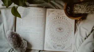 Ein offenes Tagebuch mit astrologischen Illustrationen und einem Kristall auf hellem Stoff.