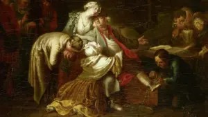 Ölgemälde eines gefesselten Mannes, der von trauernden Frauen und Männern in dunkler Szenerie umgeben ist.