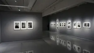 Innenansicht einer modernen Kunstgalerie mit mehreren gerahmten Bildern an einer grauen Wand.