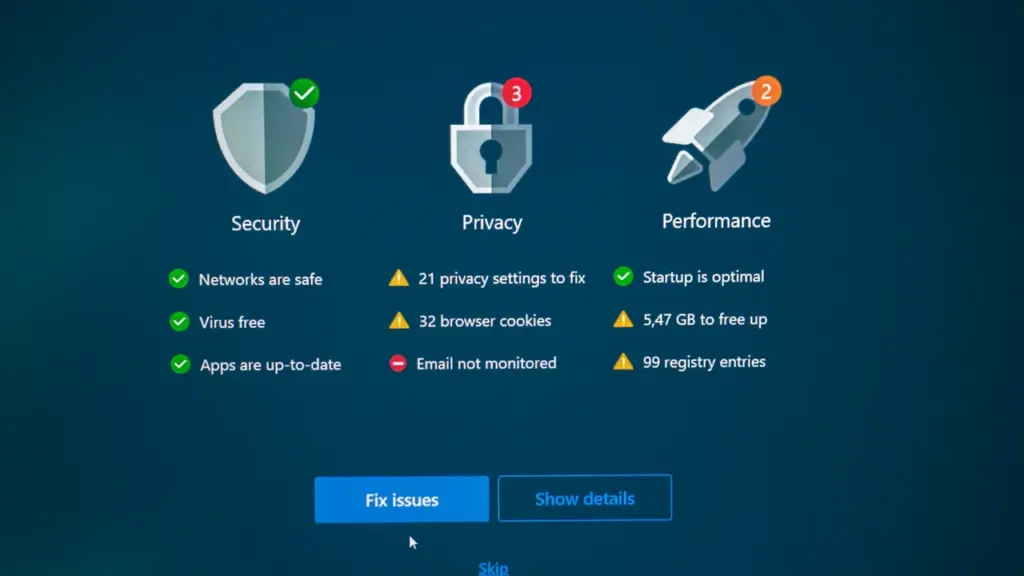 Digitales Sicherheits-Dashboard mit grünen Statusmeldungen nach erfolgreichem Sicherheits-Update der IT-Systeme.